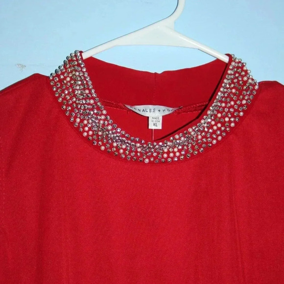 ANNALEE + HOPE Made in the USA Swing Dress Pearl Mock Neck Sleeveless Red XL - Picture 3 of 15